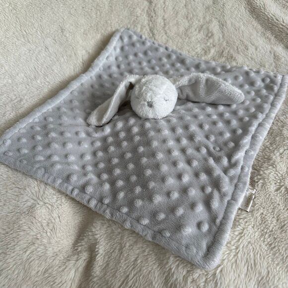 Blankets & Beyond Silver Gray Minky Dot White 13” Plush Sleepy Bunny Lovey Baby - Picture 2 of 6